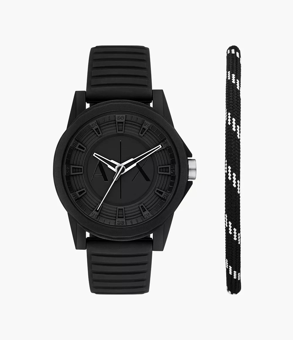 Armani Exchange Three-Hand Black Silicone Watch and Bracelet Set