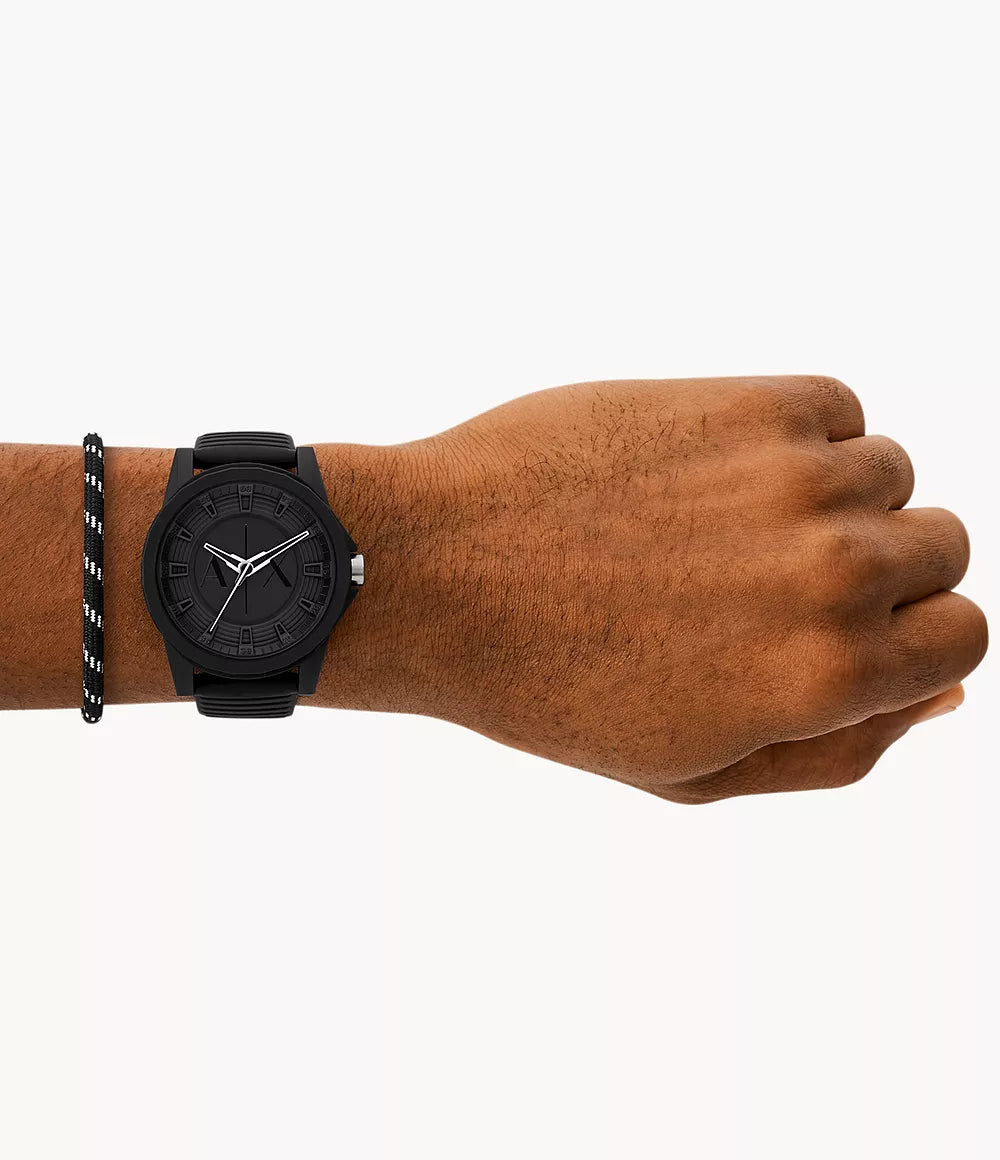 Armani Exchange Three-Hand Black Silicone Watch and Bracelet Set
