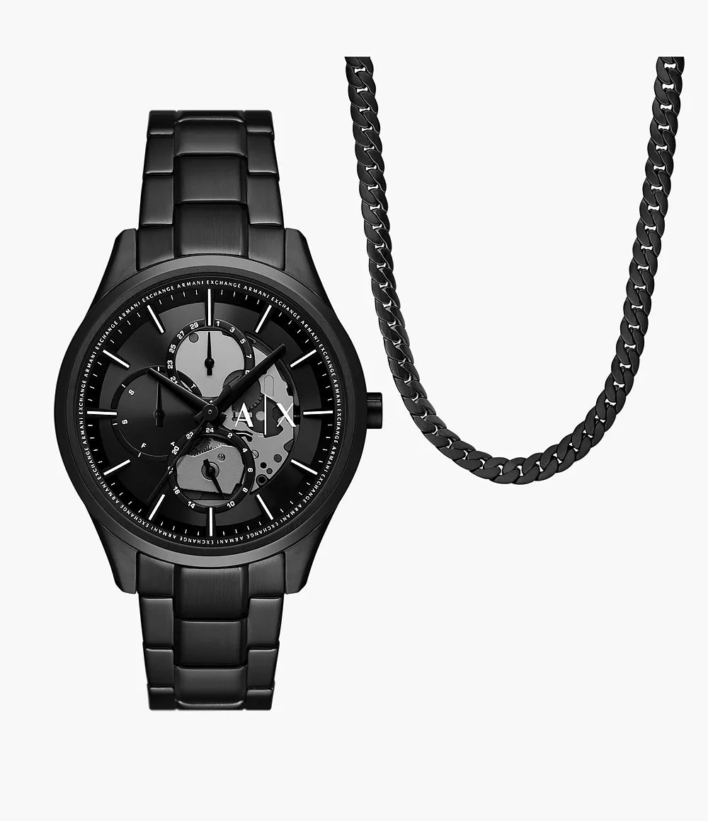 Armani Exchange Multifunction Black Stainless Steel Watch and Necklace Set