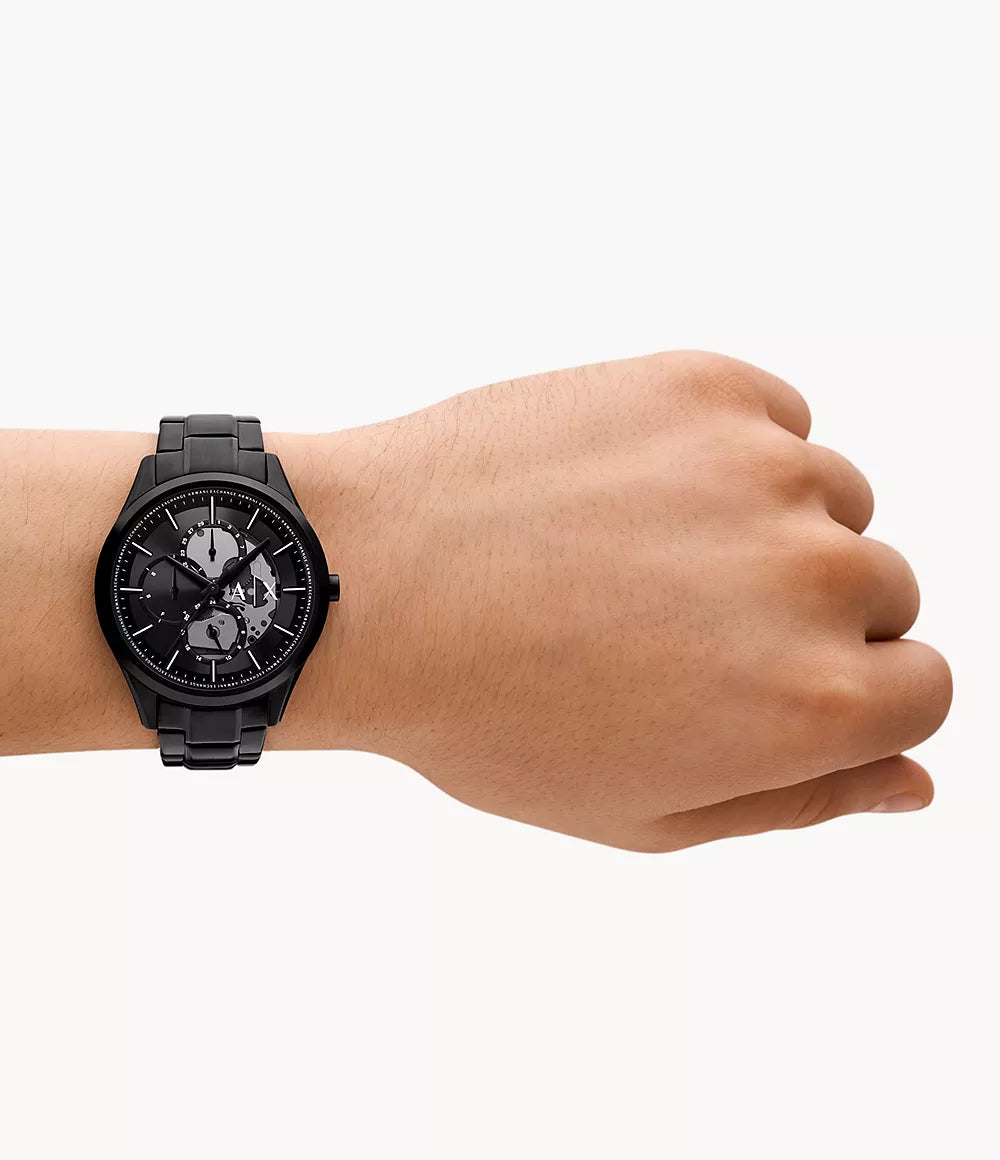 Armani Exchange Multifunction Black Stainless Steel Watch and Necklace Set