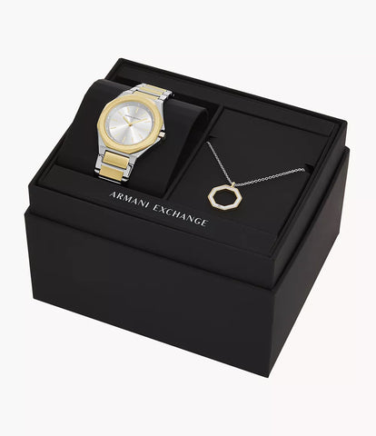 Armani Exchange Three-Hand Two-Tone Stainless Steel Watch and Necklace Set