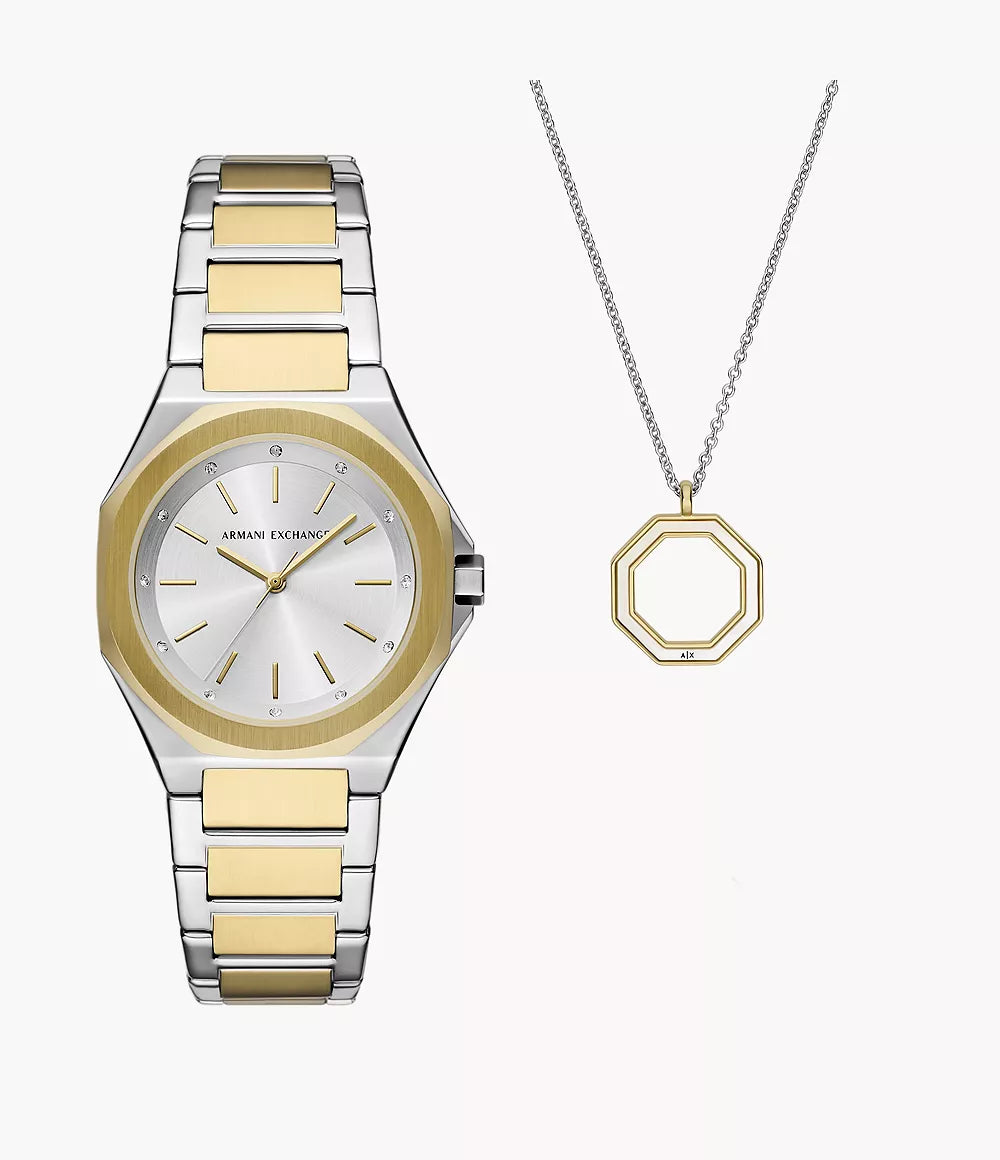 Armani Exchange Three-Hand Two-Tone Stainless Steel Watch and Necklace Set