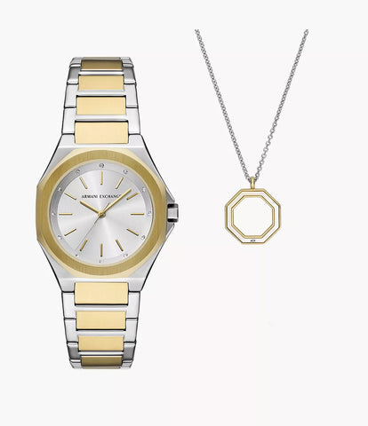 Armani Exchange Three-Hand Two-Tone Stainless Steel Watch and Necklace Set