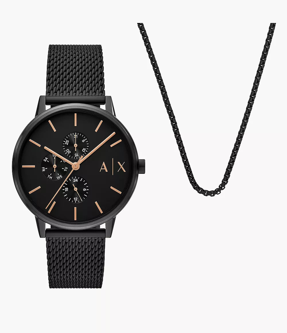 Armani Exchange Multifunction Black Stainless Steel Watch and Necklace Set