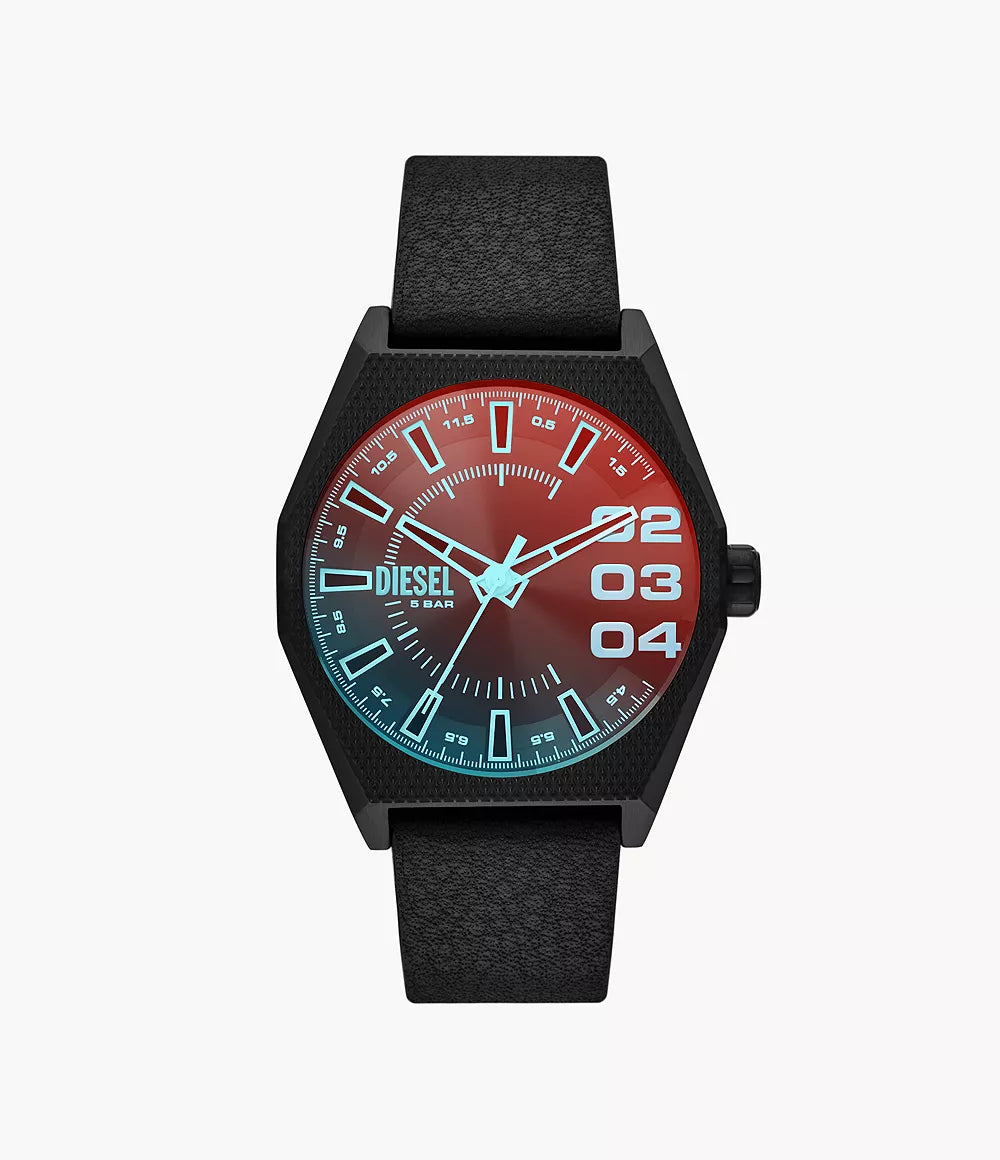 Diesel Scraper Three-Hand Black Leather Watch
