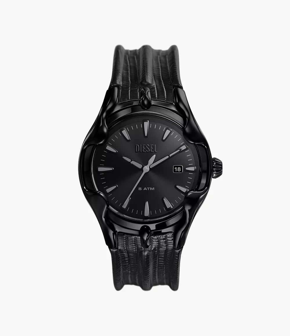 Diesel Vert Three-Hand Date Black Leather Watch