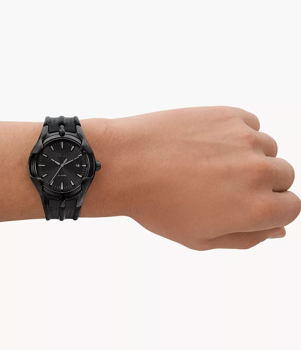 Diesel Vert Three-Hand Date Black Leather Watch