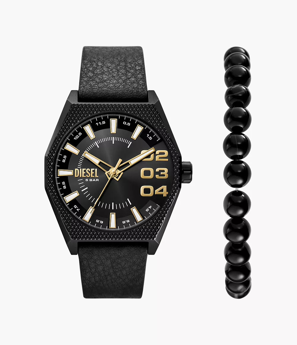 Diesel Scraper Three-Hand Black Leather Watch and Bracelet Set