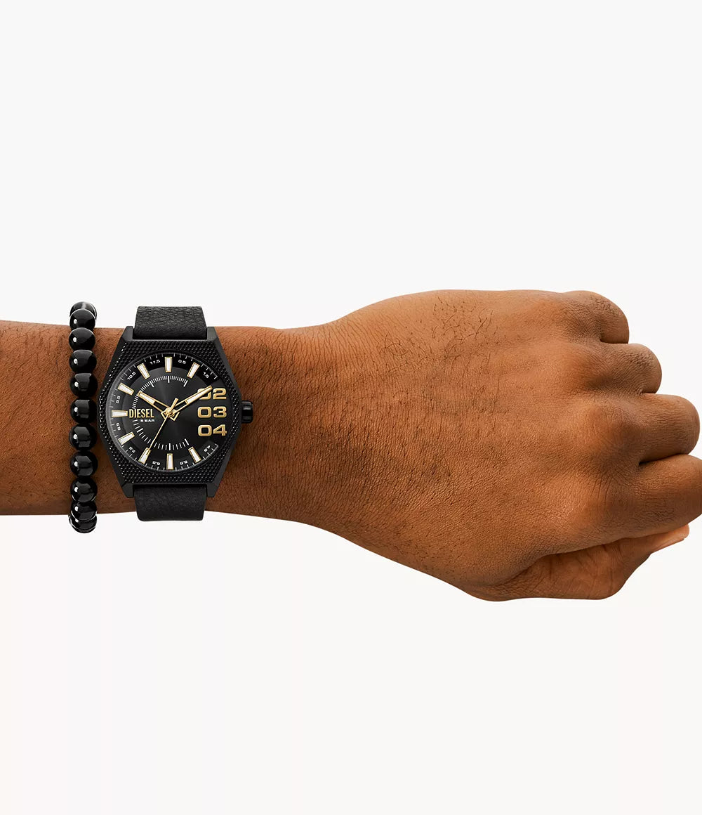 Diesel Scraper Three-Hand Black Leather Watch and Bracelet Set