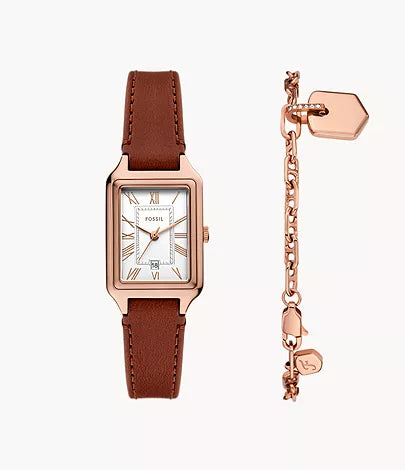 Fossil - Raquel Three-Hand Date Medium Brown Leather Watch and Bracelet Set