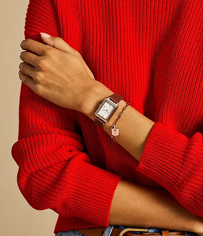 Fossil - Raquel Three-Hand Date Medium Brown Leather Watch and Bracelet Set