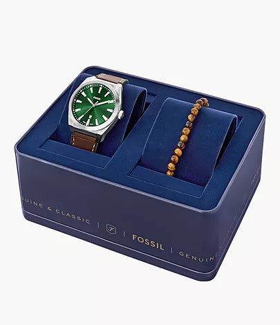 Fossil - Everett Three-Hand Date Brown Leather Watch and Bracelet Set