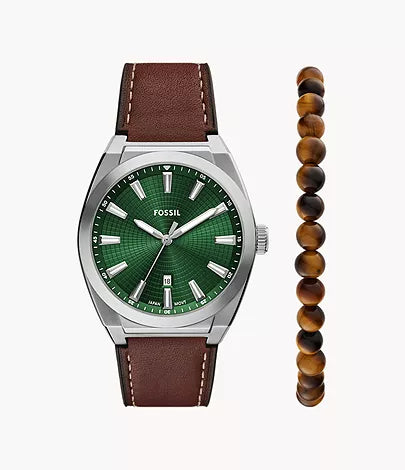 Fossil - Everett Three-Hand Date Brown Leather Watch and Bracelet Set