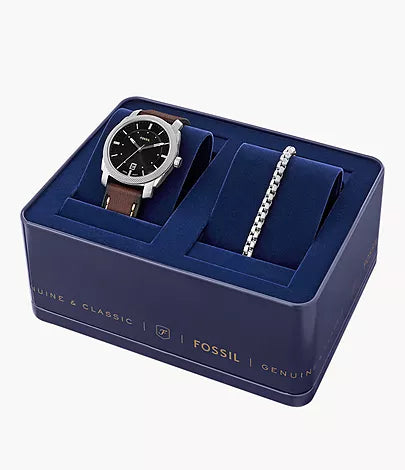 Fossil - Machine Three-Hand Date Brown Leather Watch and Bracelet Set