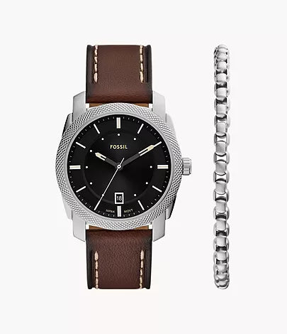 Fossil - Machine Three-Hand Date Brown Leather Watch and Bracelet Set