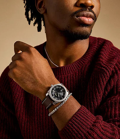 Fossil - Machine Three-Hand Date Brown Leather Watch and Bracelet Set