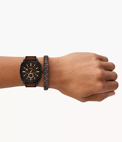 Fossil - Machine Chronograph Brown Leather Watch and Bracelet Set
