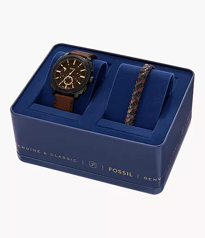 Fossil - Machine Chronograph Brown Leather Watch and Bracelet Set