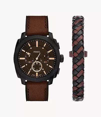 Fossil - Machine Chronograph Brown Leather Watch and Bracelet Set