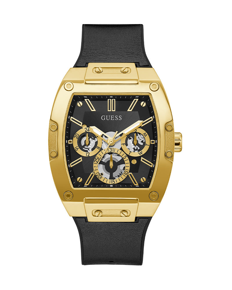 Guess - Mens Gold Case Black Multi-Function Dial Black Smooth Silicone Strap Watch
