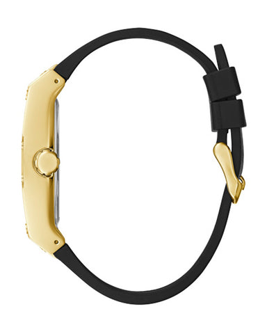 Guess - Mens Gold Case Black Multi-Function Dial Black Smooth Silicone Strap Watch