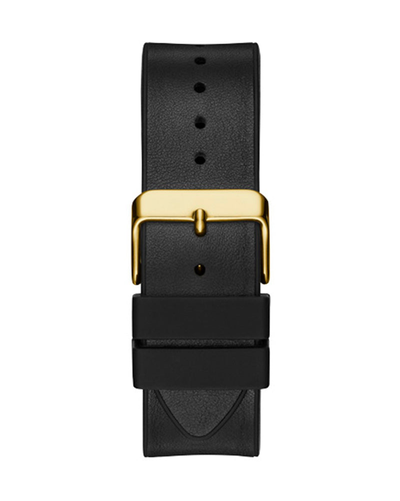 Guess - Mens Gold Case Black Multi-Function Dial Black Smooth Silicone Strap Watch