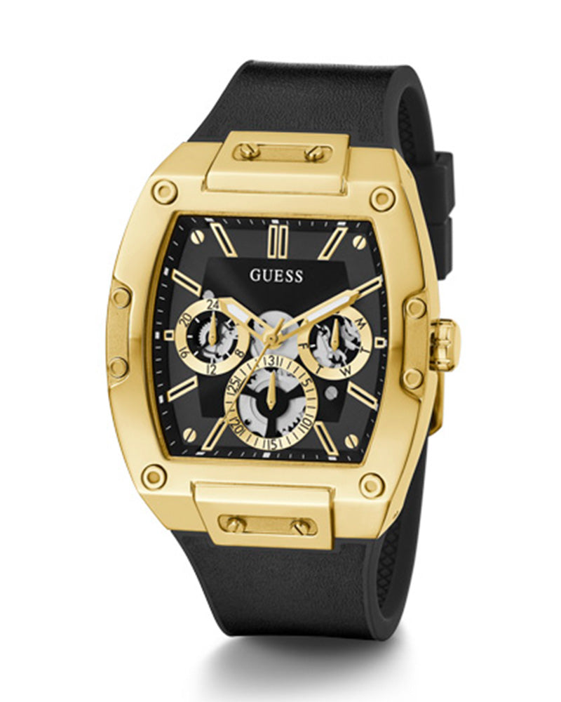 Guess - Mens Gold Case Black Multi-Function Dial Black Smooth Silicone Strap Watch