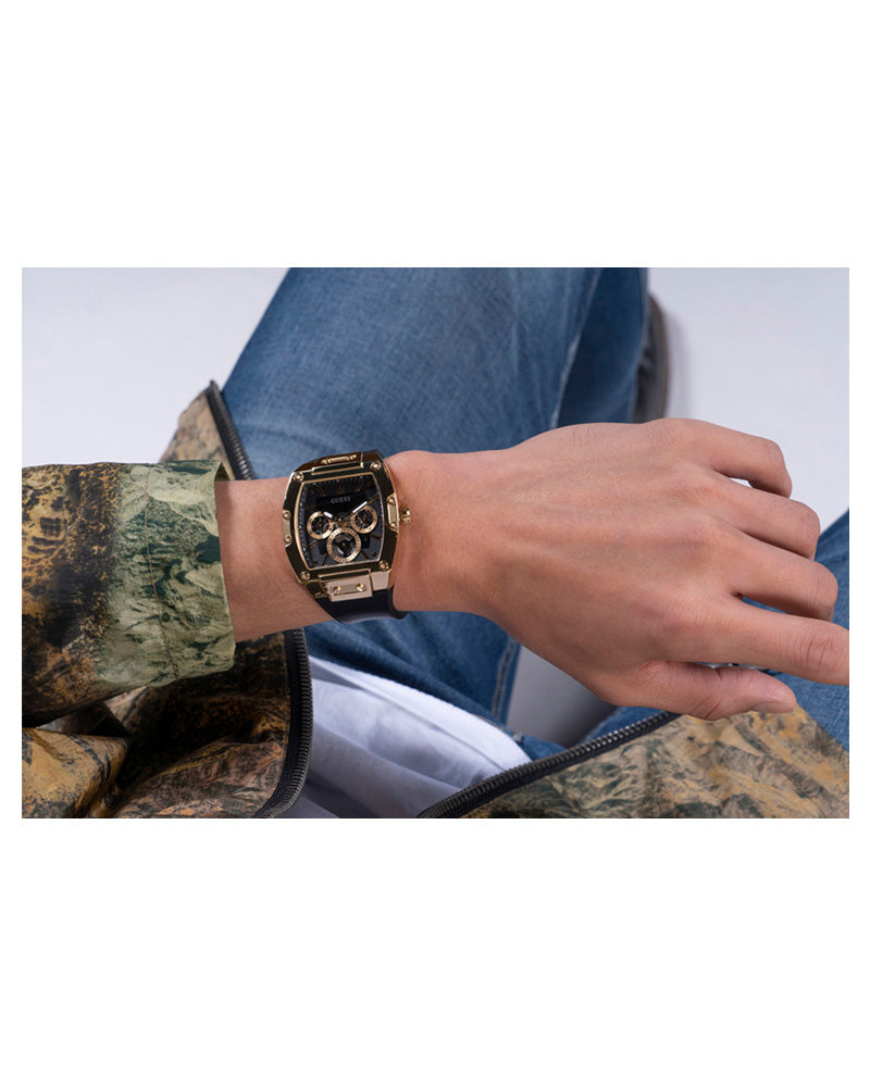 Guess - Mens Gold Case Black Multi-Function Dial Black Smooth Silicone Strap Watch