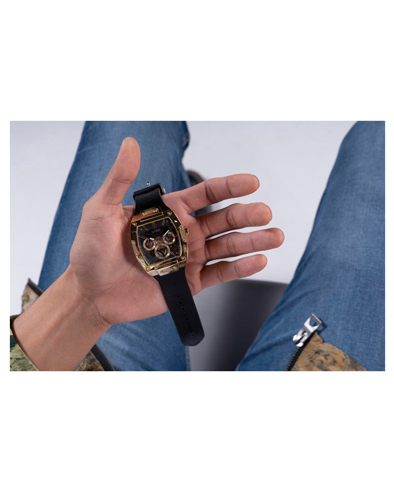 Guess - Mens Gold Case Black Multi-Function Dial Black Smooth Silicone Strap Watch