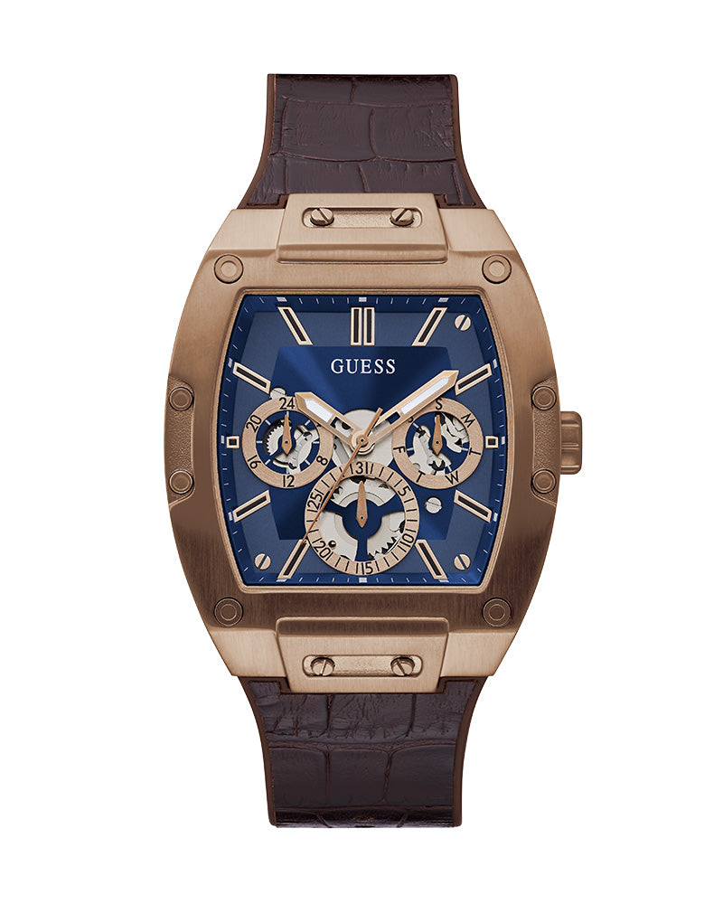 Guess - Mens Coffee Case Blue Multi-Function Dial Brown Smooth Silicone/Leather Strap Watch