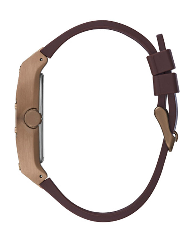 Guess - Mens Coffee Case Blue Multi-Function Dial Brown Smooth Silicone/Leather Strap Watch