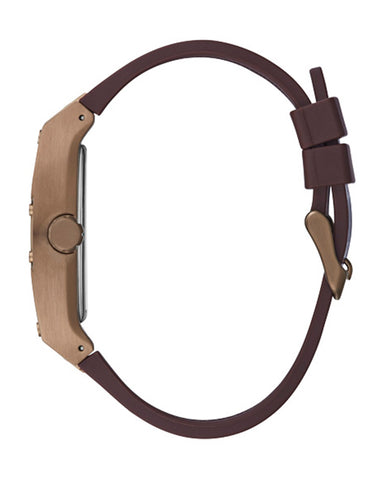 Guess - Mens Coffee Case Blue Multi-Function Dial Brown Smooth Silicone/Leather Strap Watch