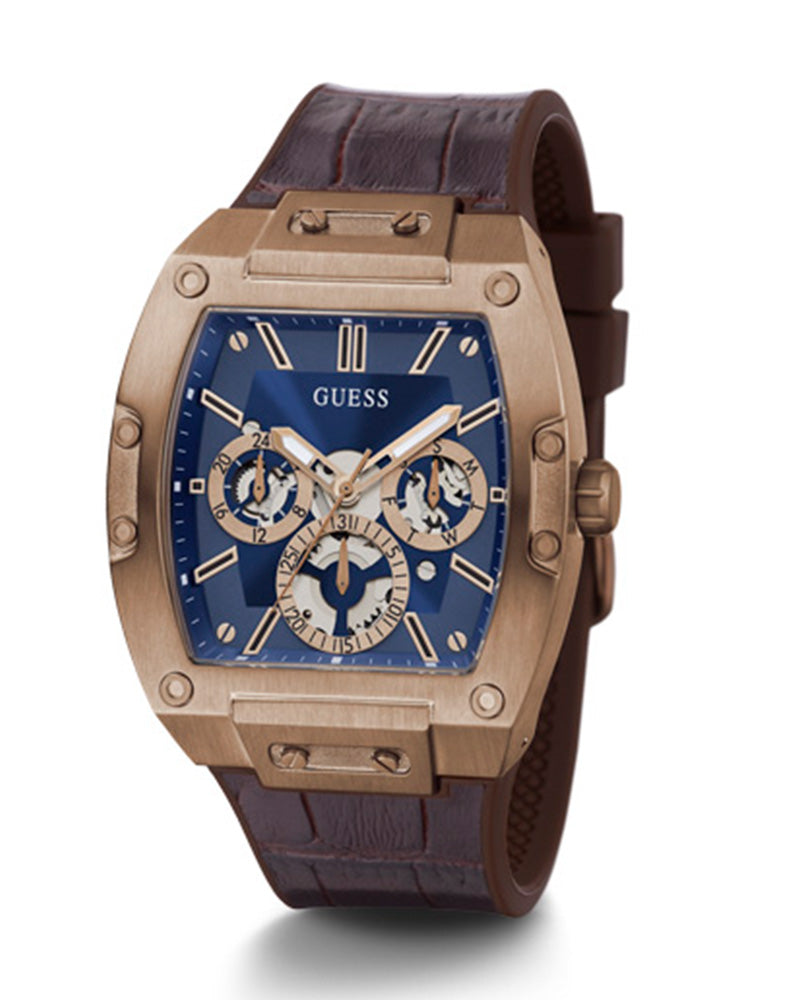 Guess - Mens Coffee Case Blue Multi-Function Dial Brown Smooth Silicone/Leather Strap Watch