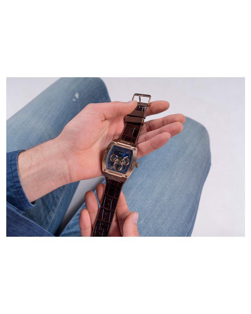 Guess - Mens Coffee Case Blue Multi-Function Dial Brown Smooth Silicone/Leather Strap Watch