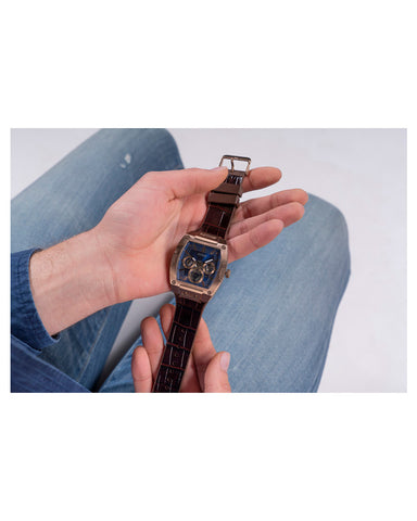 Guess - Mens Coffee Case Blue Multi-Function Dial Brown Smooth Silicone/Leather Strap Watch