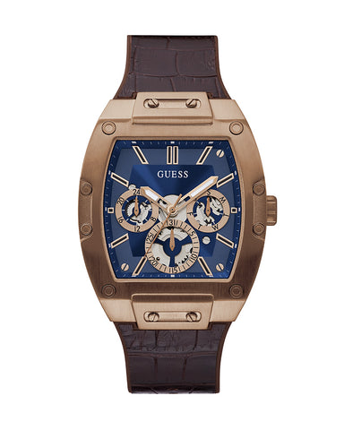 Guess - Mens Coffee Case Blue Multi-Function Dial Brown Smooth Silicone/Leather Strap Watch