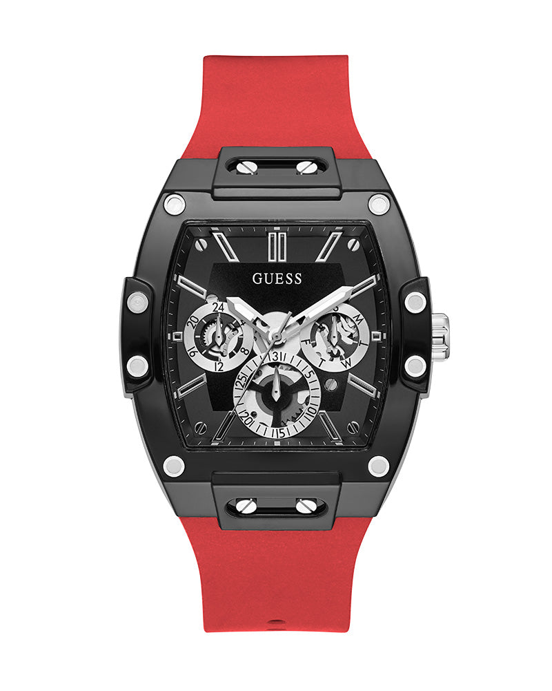 Guess - Mens Gunmetal PC Case Black Multi-Function Dial Red Smooth Silicone Strap Watch