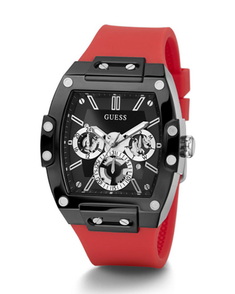 Guess - Mens Gunmetal PC Case Black Multi-Function Dial Red Smooth Silicone Strap Watch