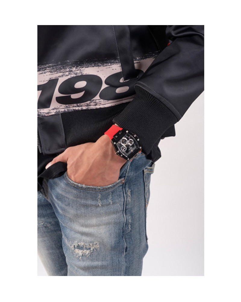 Guess - Mens Gunmetal PC Case Black Multi-Function Dial Red Smooth Silicone Strap Watch