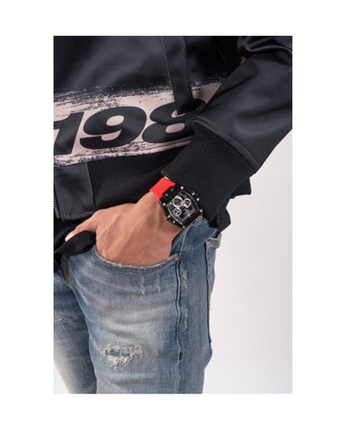 Guess - Mens Gunmetal PC Case Black Multi-Function Dial Red Smooth Silicone Strap Watch