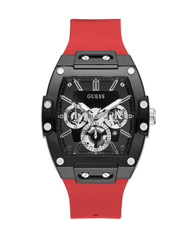 Guess - Mens Gunmetal PC Case Black Multi-Function Dial Red Smooth Silicone Strap Watch