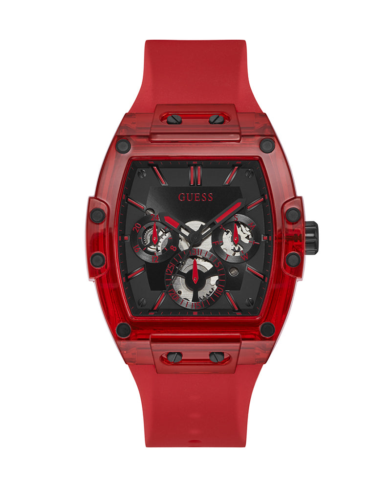Guess - Mens Skeleton Dial Calendar Red Silicone Strap Watch