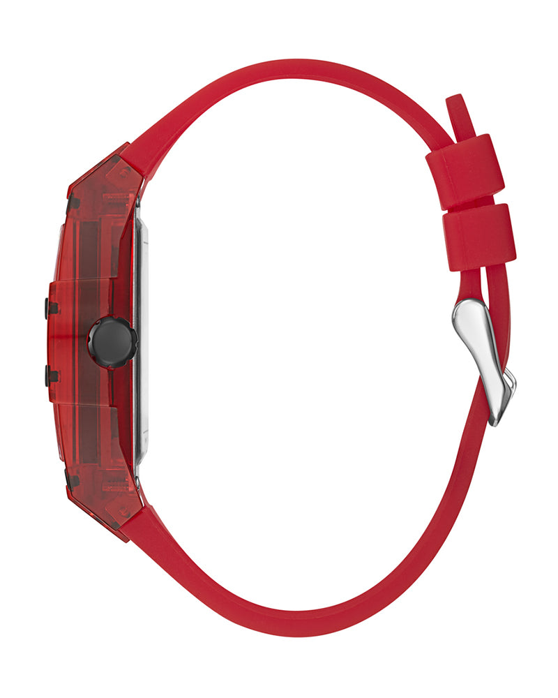 Guess - Mens Skeleton Dial Calendar Red Silicone Strap Watch