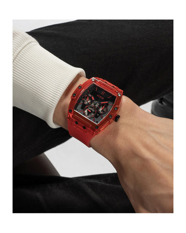 Guess - Mens Skeleton Dial Calendar Red Silicone Strap Watch