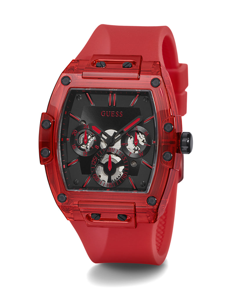 Guess - Mens Skeleton Dial Calendar Red Silicone Strap Watch