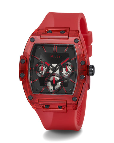 Guess - Mens Skeleton Dial Calendar Red Silicone Strap Watch