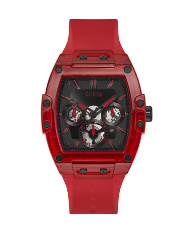 Guess - Mens Skeleton Dial Calendar Red Silicone Strap Watch