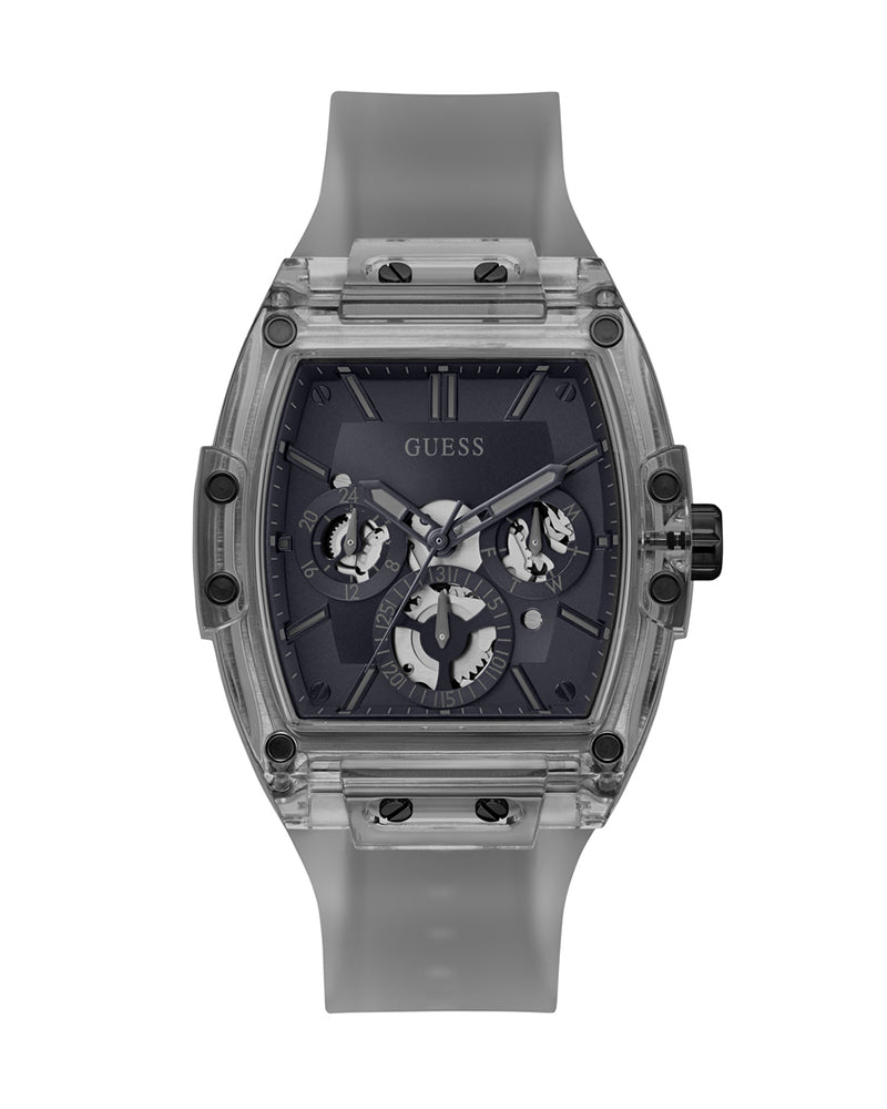 Guess - Men Black Skeleton Dial Calendar Grey Silicone Strap Watch