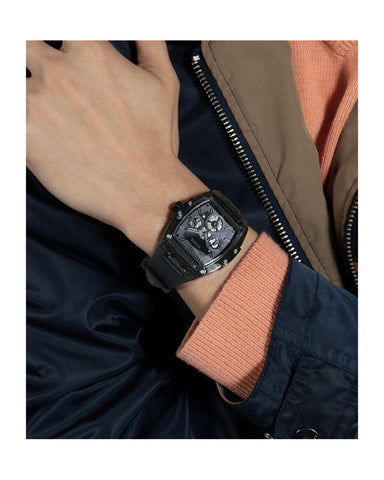 Guess - Men Black Skeleton Dial Calendar Grey Silicone Strap Watch