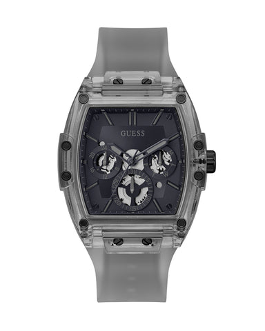 Guess - Men Black Skeleton Dial Calendar Grey Silicone Strap Watch